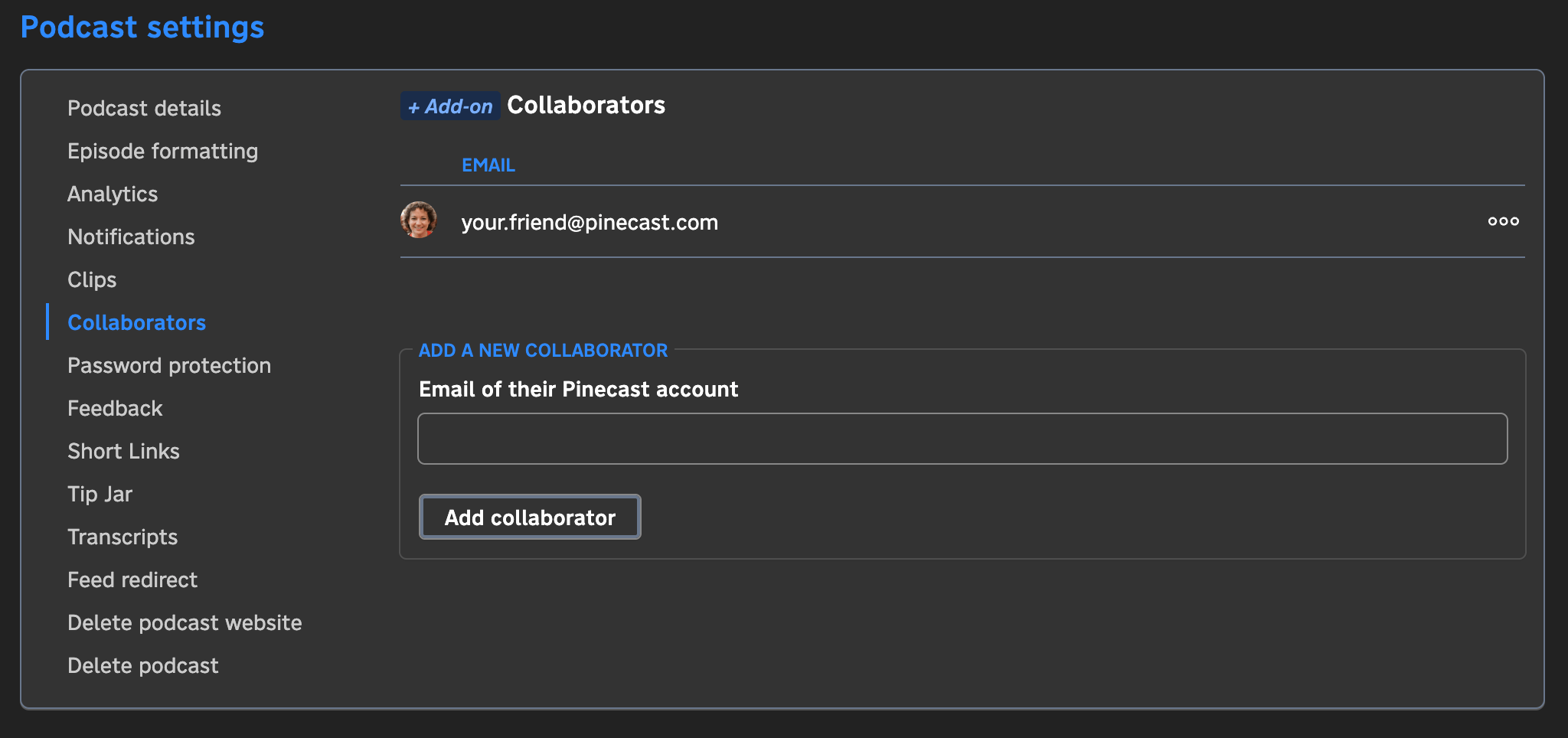 A screenshot of the podcast settings for a show with one collaborator added