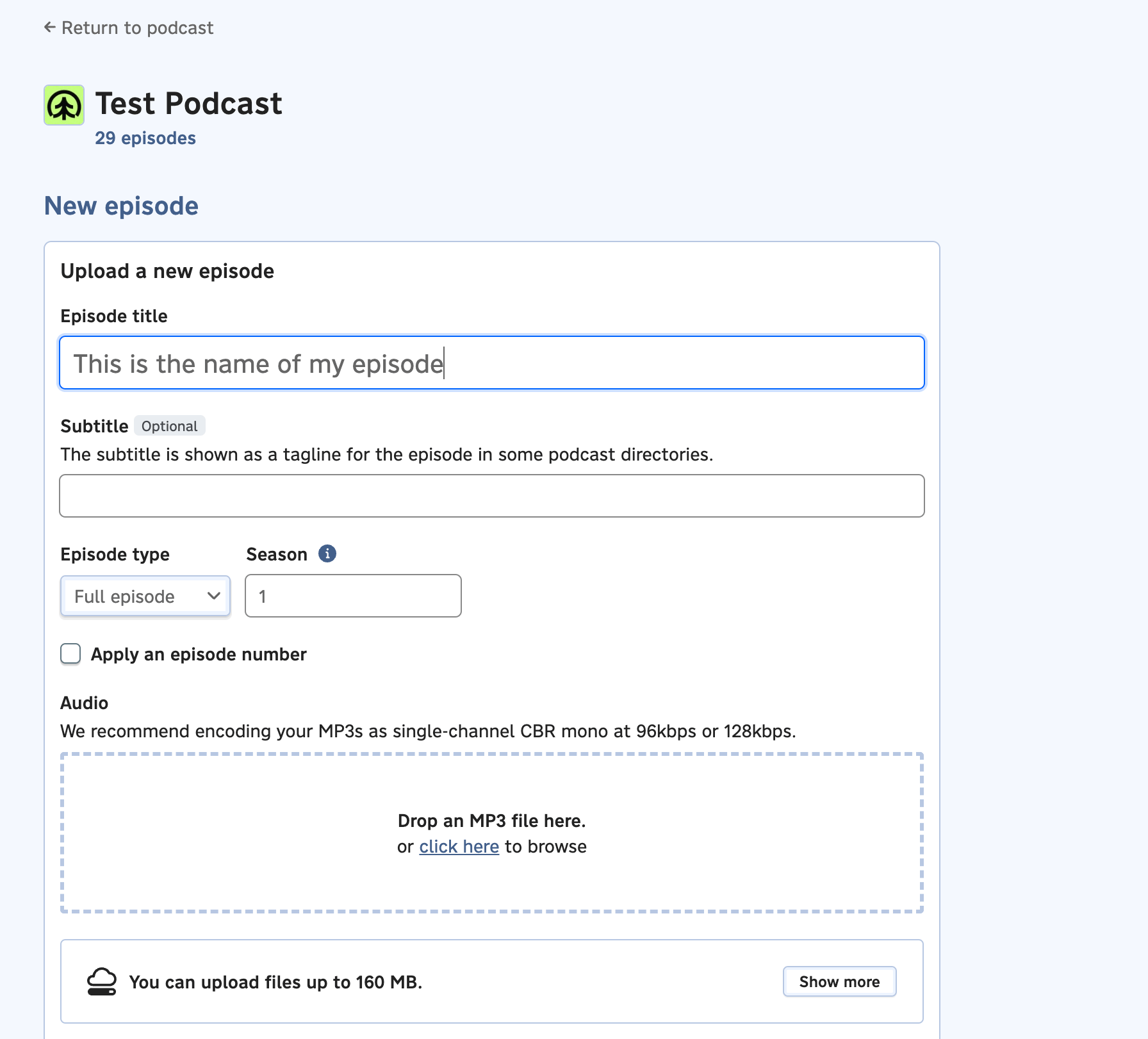 A screenshot of the new episode page