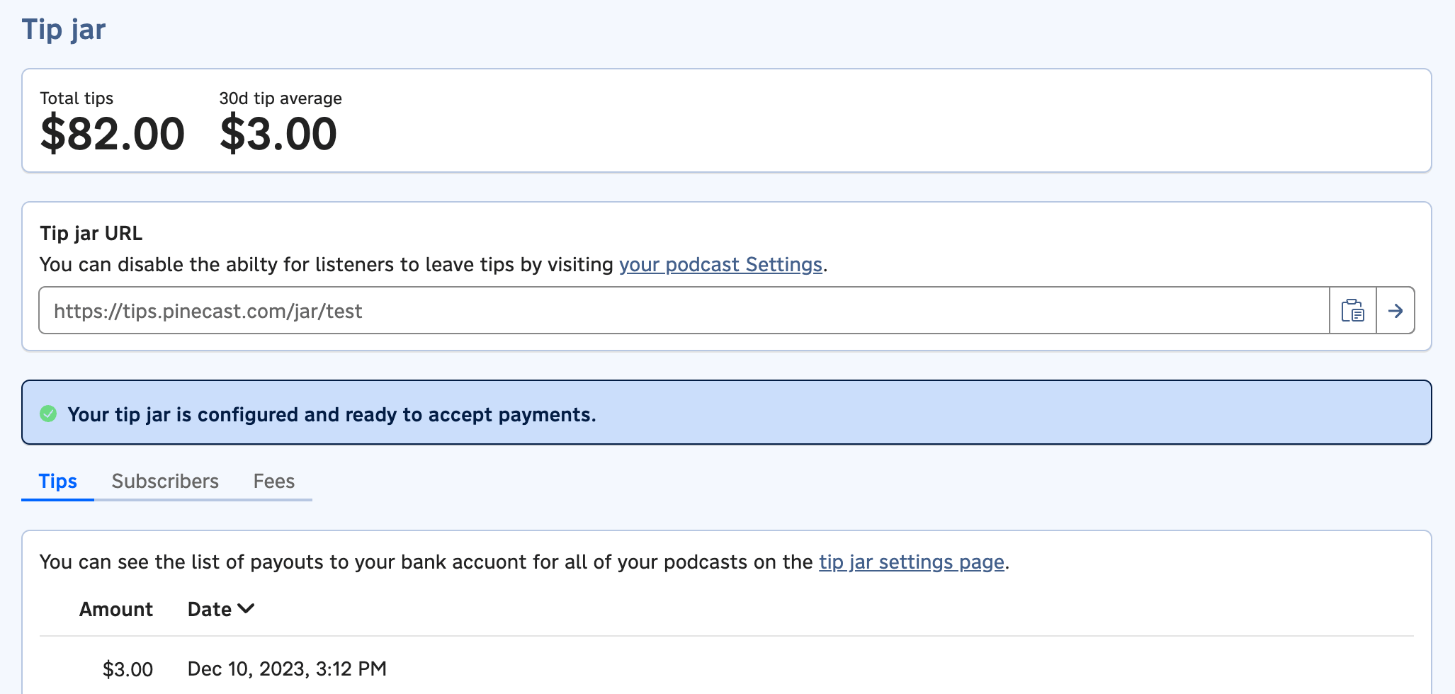 A screenshot of the tip jar dashboard for a podcast