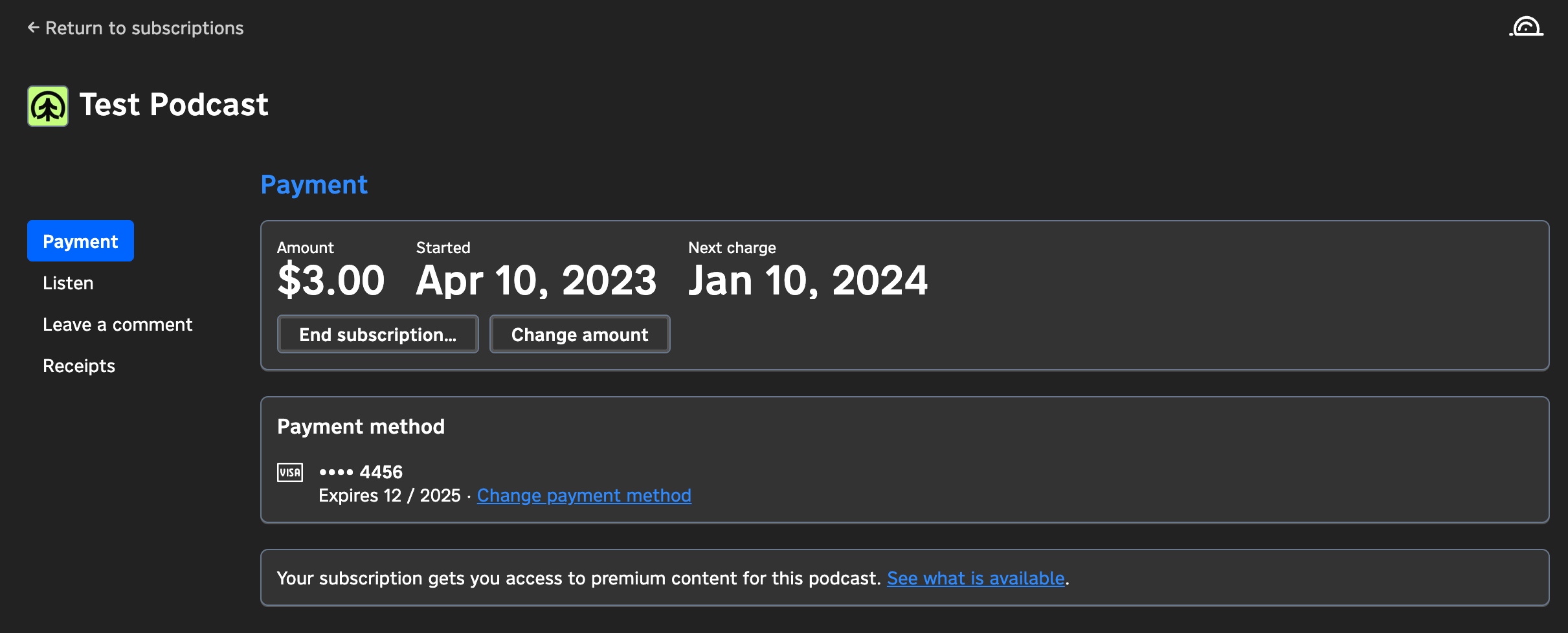 A screenshot of what subscribers to a podcast tip jar will see